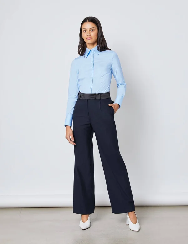 Hawes & Curtis Women's Fitted Shirt with High Long Collar in Ice Blue - Size 14, Single Cuff