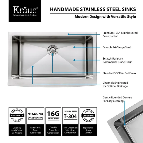 Kraus Khf200-33-kpf1602-ksd30ch Farmhouse Single Bowl Stainless Steel Sink with Kitchen Faucet and Soap Dispenser, 33x22