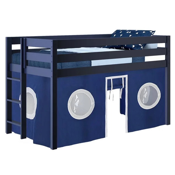 Jackpot! Contemporary Low Loft Bed with End Ladder, Twin, White with Blue & White Tent