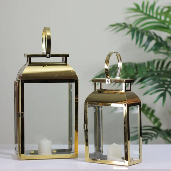Raz Set of 2 Shiny Rectangular Metal Candle Lanterns 16x22