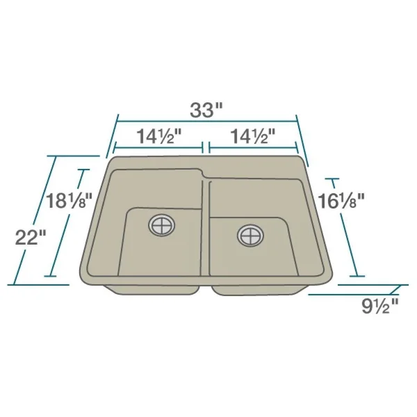Quartz Granite 33x22 L x 22x22 W Double Basin Drop-in Kitchen Sink with STRAINER Mr Direct Finish: Slate