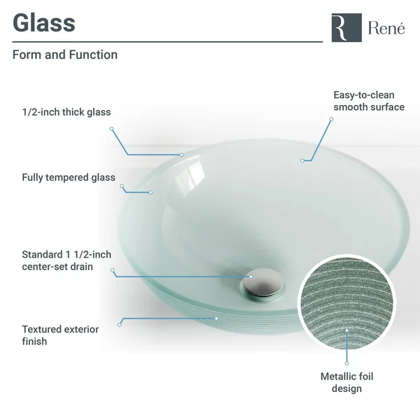 Rene R5-5034-R9-7003-C Foil Undertone Glass Vessel Sink with Chrome Vessel Faucet - Sink Ring, and Vessel Pop-Up Drain