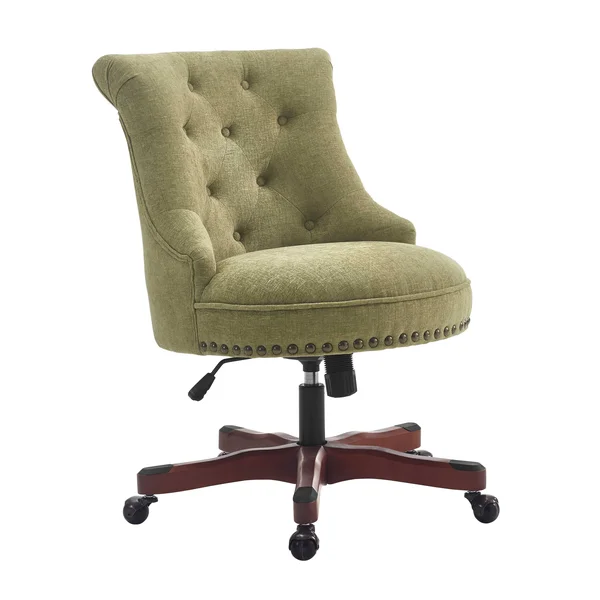 Wooden Office Chair with Button Tufted Backrest Olive Green and Brown