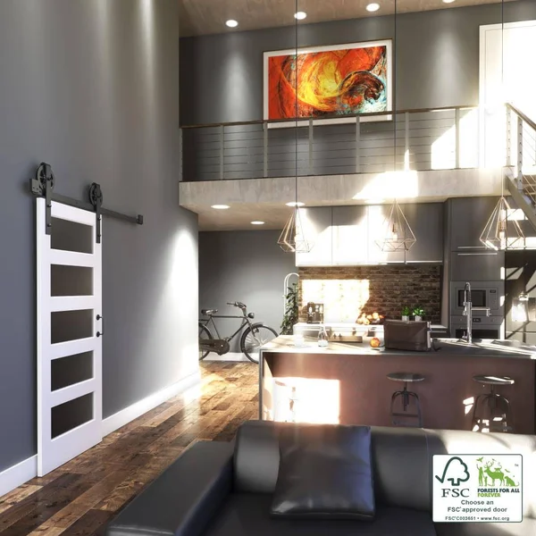 EightDoors 96 inch x 36 inch 5-Lite Frosted Glass White Prefinished Solid Wood Core Barn Door