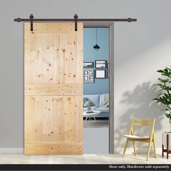 CALHOME 24 in x 84 in Unfinished 2 Panel Solid Knotty Pine Wood Barn Door - 24 x 84