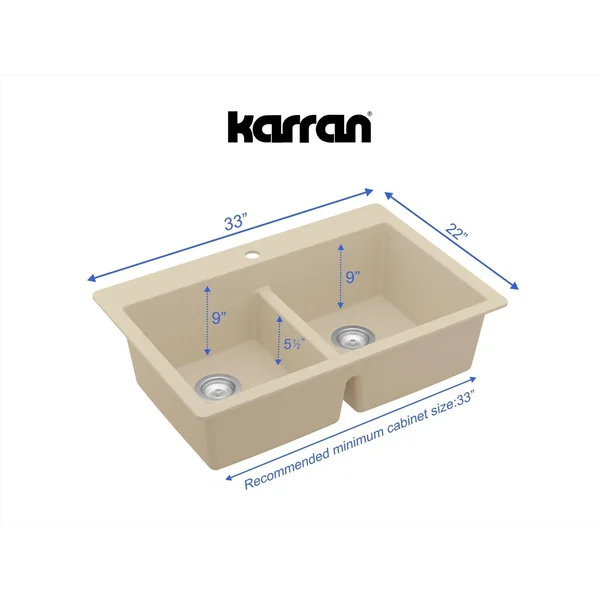 Karran Grey Quartz 33 in. 50/50 Double Bowl Composite Drop-In Kitchen Sink