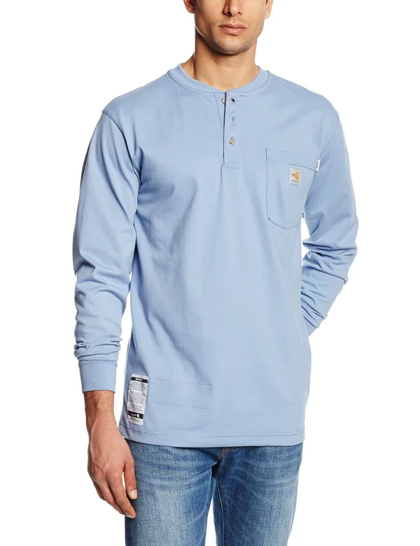Carhartt Men's Flame-Resistant Force Cotton Long Sleeve Henley (2XL Medium Blue)