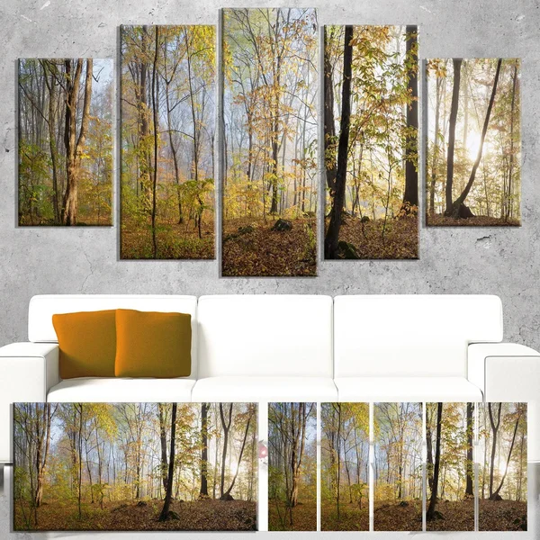 Designart &Green Autumn Forest in Morning& 4 Piece Wall Art on Wrapped Canvas Set