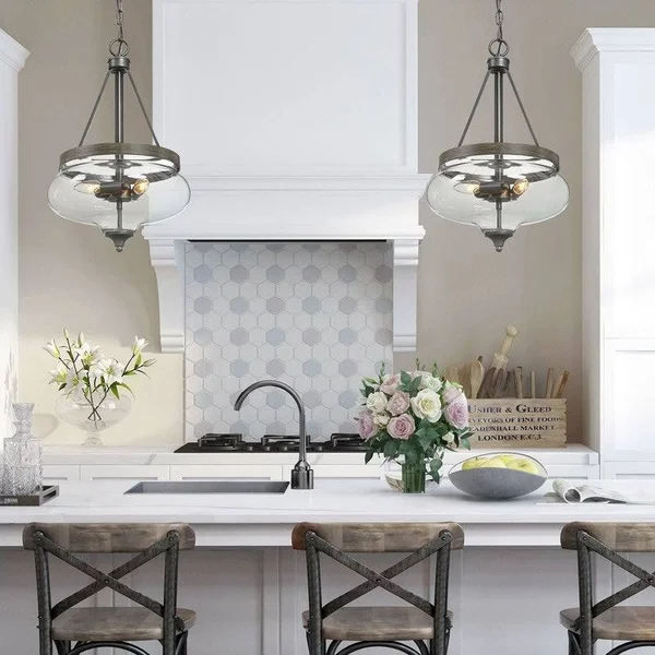 Modern 3-Lights Black Glass Pendant Light Fixture for Kithchen Island - L12.6x22xW12.6x22xH20.5x22