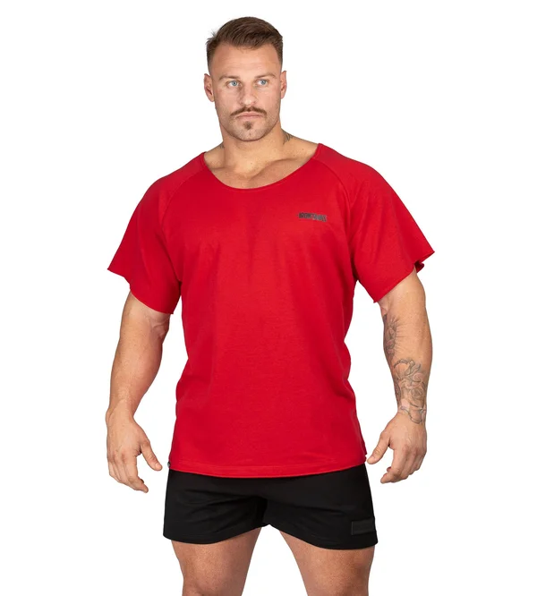 Men's BFG Heavy Rag Top Red Gym Bodybuilding Shirt, Iron Tanks, L