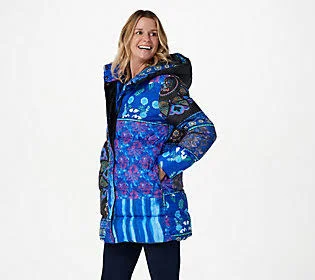 Attitudes by Renee Printed Artisan Pufferjacket W Hood - Size X-Small, Navy Multi