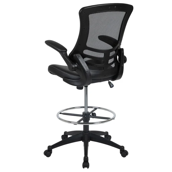 Emma and Oliver Mid-Back Black Mesh/LeatherSoft Ergonomic Drafting Chair with Flip-Up Arms