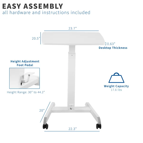 Vivo White 24x22 Pneumatic Mobile Workstation Cart - Sit-Stand Laptop Desk