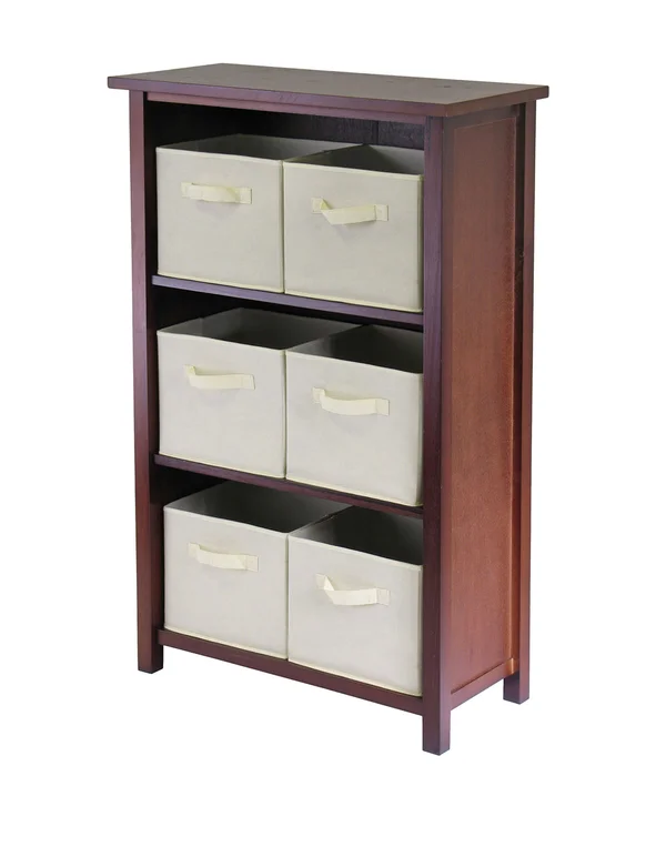 Winsome Verona 3- Section M Storage Shelf with 6 Foldable Beige Color Fabric Baskets