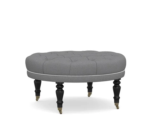 Raleigh Upholstered Round Ottoman with Turned Black Legs & Pewter Nailheads, Textured Twill Light Gray - Furniture - Ottoman