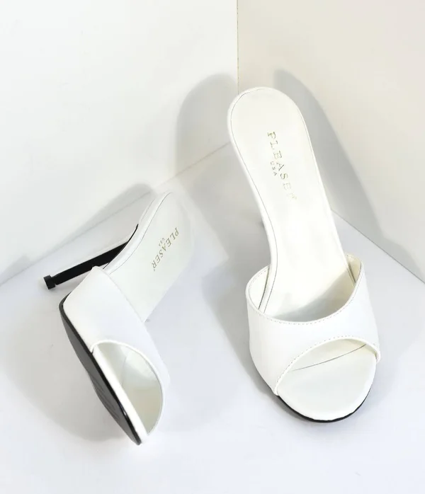 White Matte Leatherette Peep Toe Slip on Heels, Size 10