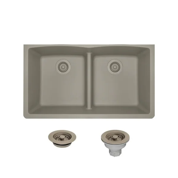 Mr Direct White Quartz Granite 33 in. Double Bowl Undermount Kitchen Sink with Matching Strainers