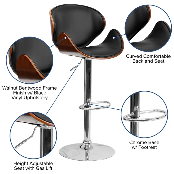 Lancaster Home Adjustable Height Bar Stool with Curved Vinyl Seat and Back Beech, Brown