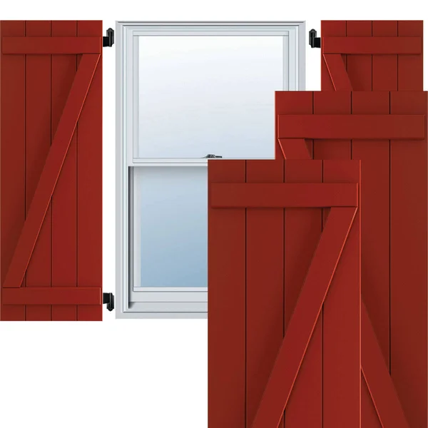 Ekena Millwork 21-1/2x22 x 34x22 True Fit PVC Four Board Joined Board and Batten Shutters w/Z-Bar, Fire Red (Per Pair)