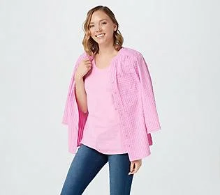 Denim & Co. Stretch SeersuckerTop with Tank - Size Small, Spring Pink