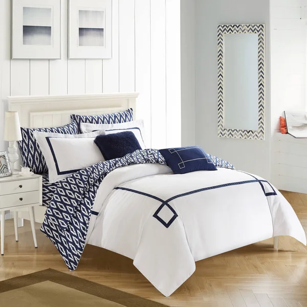 Strick & Bolton Josephine 9-Piece Reversible Navy/ White Bed in A Bag Comforter Set - Size: King, Blue