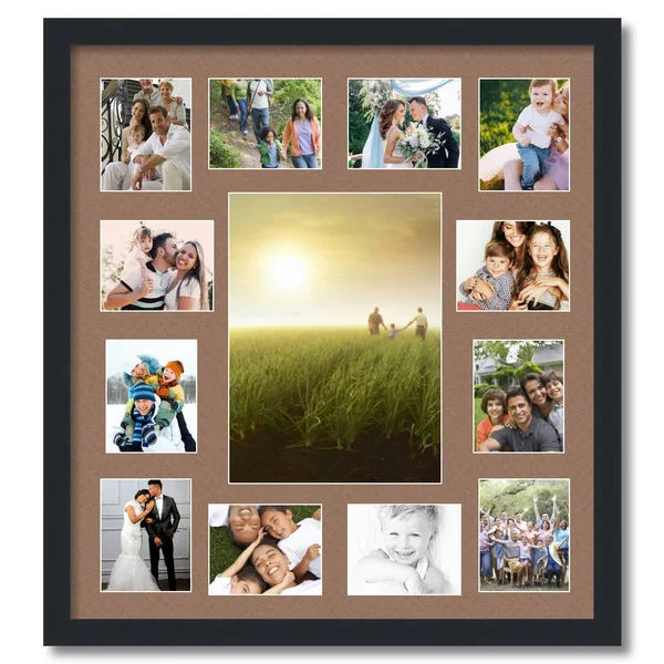Collage Picture Frame - Satin Black Frame with 13 openings for 4x5 Photos with Brown Sandpiper Mat. D3926DJ384, ArtToFrames
