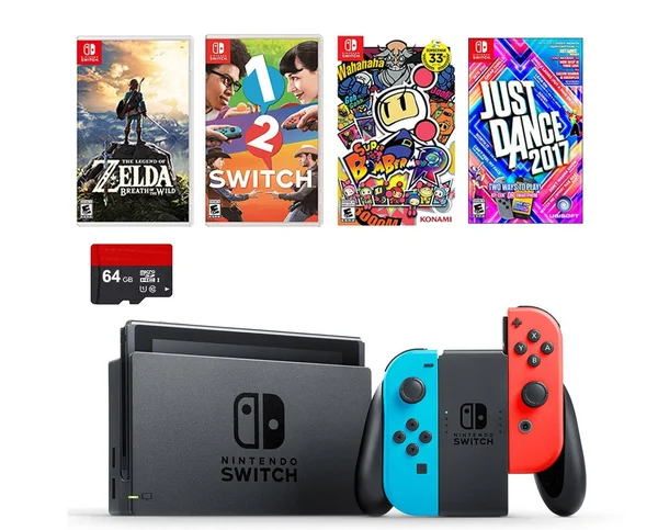 Nintendo Switch with Joy-Con - 32 GB - Neon Blue/Neon Red - includes 64GB SD Card - 1-2-Switch, Just Dance 2017, The Legend of Ze