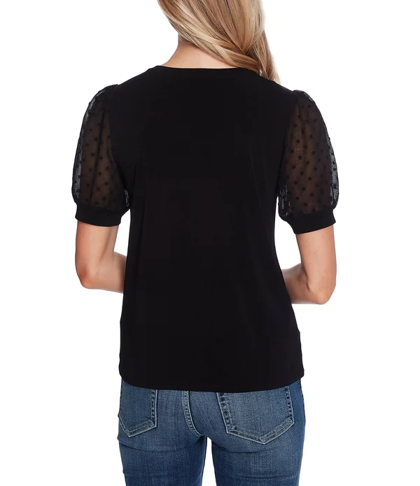 Women's Cece Puff Sleeve Mixed Media Top - Medium, Soft Ecru