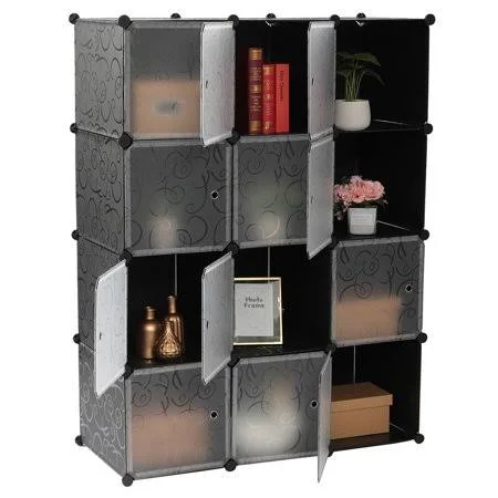 Closet Bookcase Bookshelf Organizing with 12-Cube Storage Shelf Multi-Purpose Cube Cabinet with Doors White and Black, Size: for