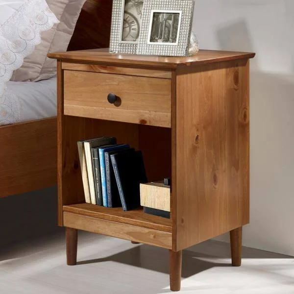 Walker Edison Furniture Company Classic Mid Century Modern Caramel 1-Drawer Solid Wood Nightstand Side Table
