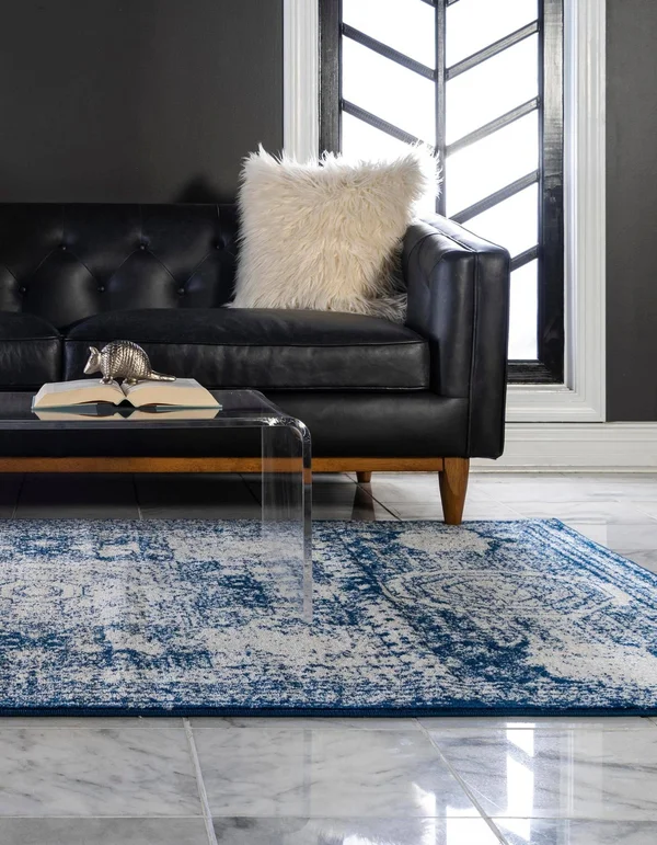 Rugs.com Dover Collection Rug 9& x 12& Navy Blue Low-Pile Rug Perfect for Livi