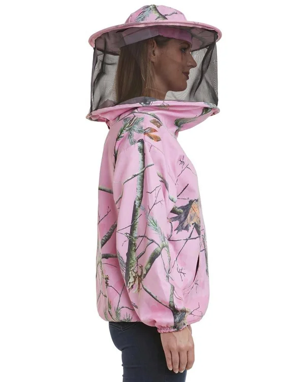 Natural Apiary USA Beekeeping Smock - Polycotton Jacket - Non-Flammable Round or Fencing Veil PinkForest, Round, XL