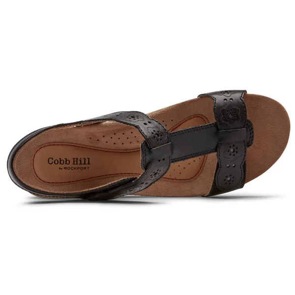Cobb Hill Women's Hollywood T-Strap Wedge Sandal Black Leather 6