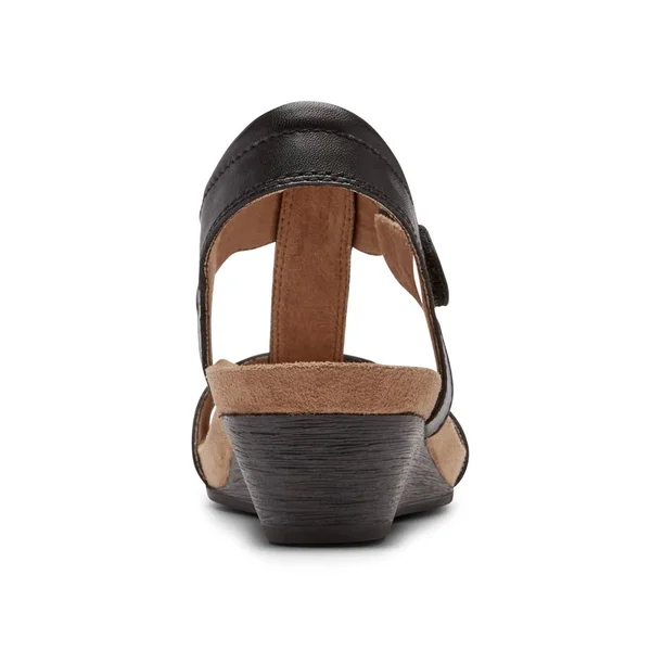Cobb Hill Women's Hollywood T-Strap Wedge Sandal Black Leather 6