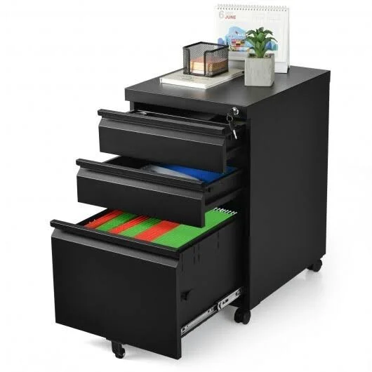 3-Drawer Mobile File Cabinet STEE with Lock-Black