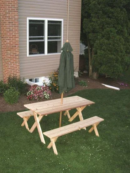 A & L Furniture Western Red Cedar Crossleg Picnic Table with 2 Benches