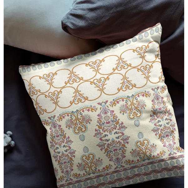 Nandini Flowers Suede Closed Pillow w/ Insert in Off White & Orange 20x22x20x22