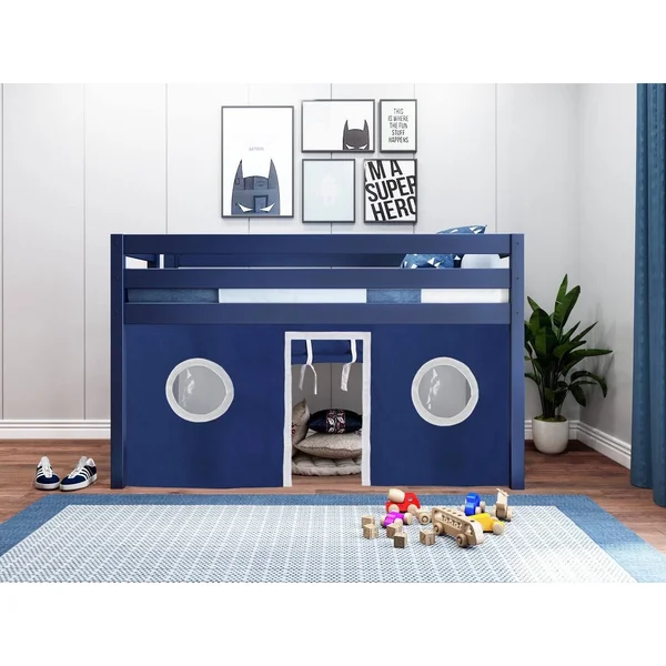 Jackpot! Contemporary Low Loft Bed with End Ladder, Twin, White with Blue & White Tent