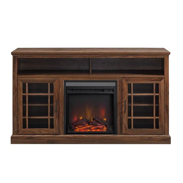 Pemberly Row 58x22 Classic Glass Door Highboy Fireplace TV Stand in Dark Walnut - PR-4753-2138585
