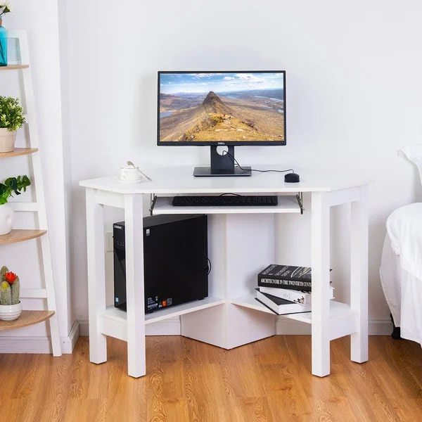 Costway Wooden Study Computer Corner Desk with Drawer-White