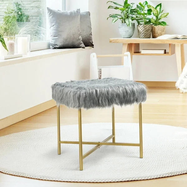 Faux Fur Ottoman Decorative Stool with Metal Legs - Pink
