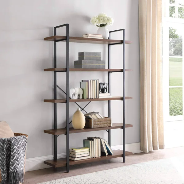 BELLEZE Bookshelf Open Wide Office Etagere Wood & Metal Bookcases - Dark Walnut - 5 Shelves