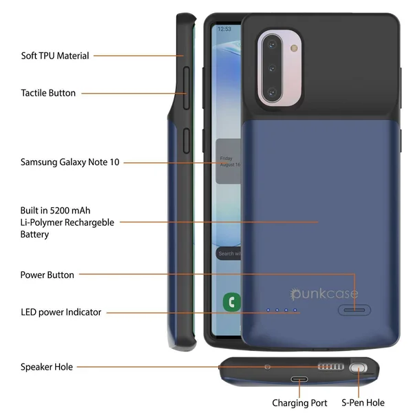 Punkcase PunkJuice Galaxy Note 10 Battery Case - 5200mAh Fast Charging Extended Power Bank w/Screen Protector, IntelSwitch, Sli