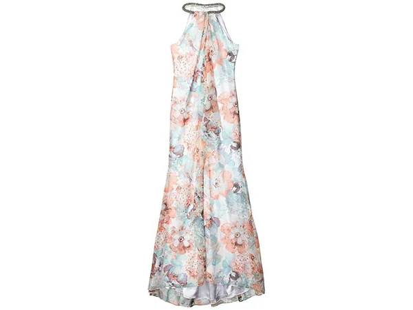 Calvin Klein Beaded Halter Neck Sleeveless Floral Print Chiffon Gown - 12