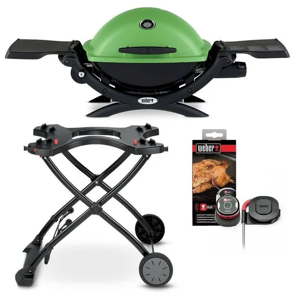 Weber Q 1200 1-Burner Portable Propane GAS Grill Combo in Green with Rolling Cart and iGrill Mini