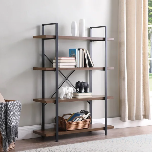 BELLEZE Bookshelf Open Wide Office Etagere Wood & Metal Bookcases - Dark Walnut - 5 Shelves