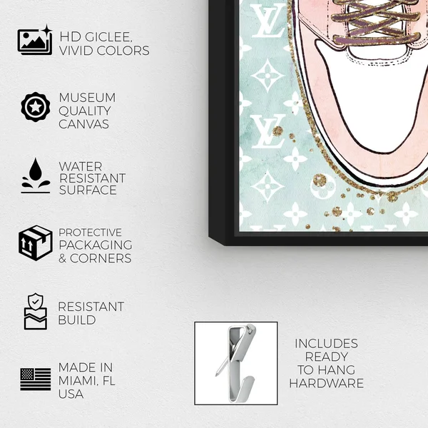 Oliver Gal 'Blush Fashion Sneakers' Fashion and Glam Wall Art Framed Canvas Print Shoes - Pink - Green - 40 x 40 - Gold