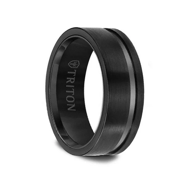 Ezra Black Tungsten Flat Satin Finish Ring with Single Polished Offset Groove by Triton Rings, Size 12.00 - Black Tungsten Men's