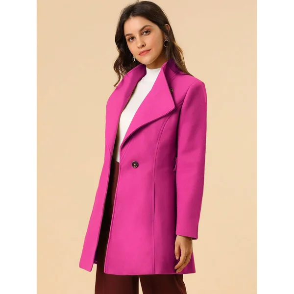 Women's Stand Collar Winter Belted Long Coat - Fuchsia - Xs