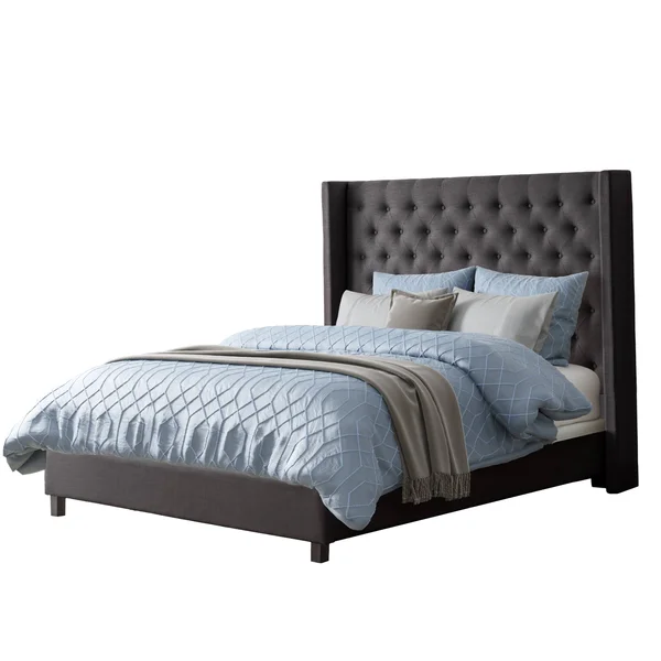 CorLiving Fairfield Dark Grey Tufted Fabric Full Double Bed with Wings